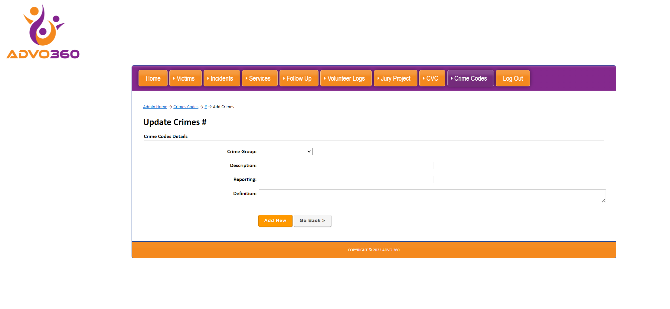 picture of advo360 update crime codes page